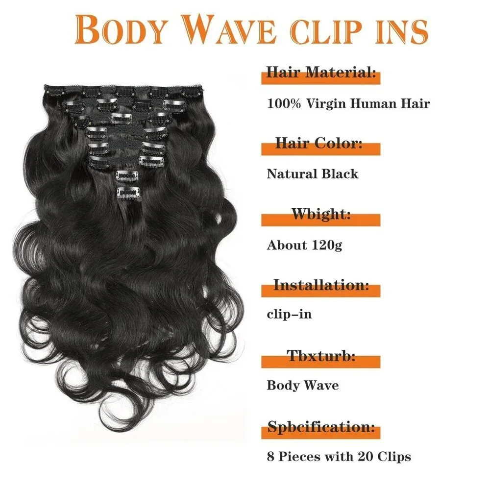 Body Wave Clip Ins Human Hair 12 Inch 8Pcs Virgin Brazilian Black Extensions